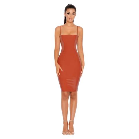 Get Your Sleek On Strappy Vinyl Midi Dress In Rust Orange