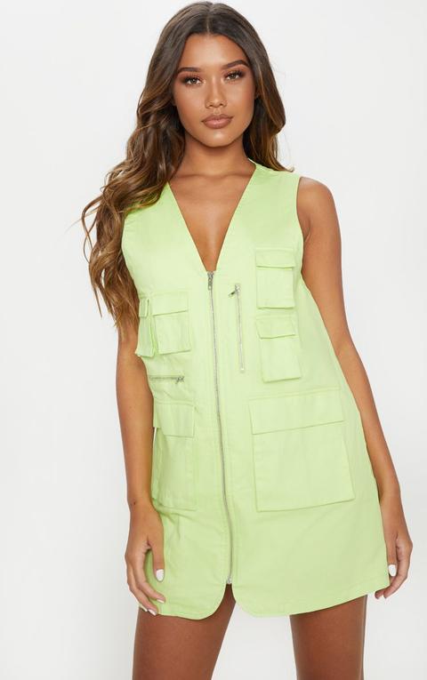 Lime Neon Cargo Zip Front Pocket Shift Dress