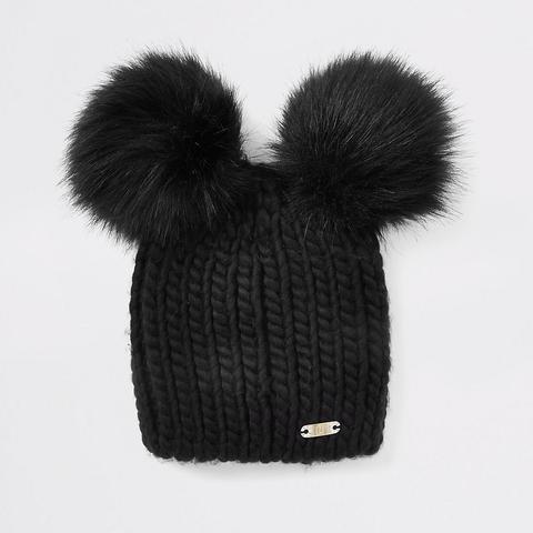 Black Faux Fur Double Pom Pom Beanie Hat