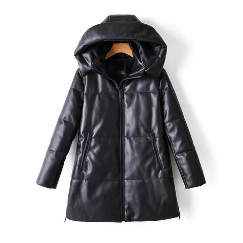 Zip Up Hooded Pu Leather Padded Coat