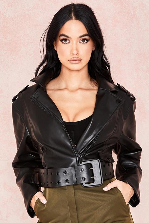 Black Vegan Leather Cropped Belted Jacket