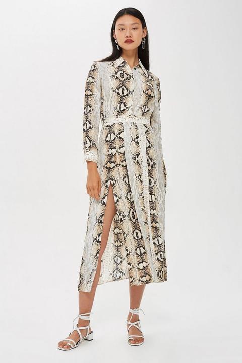 Faux Snake Print Pleated Shirt Dress