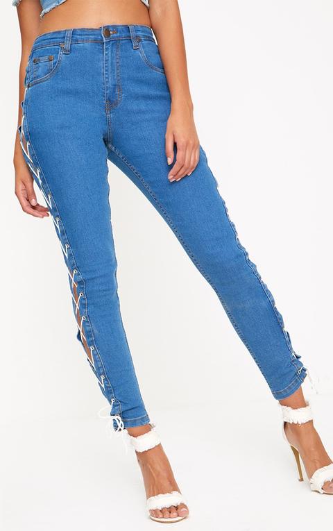 Mid Wash Lace Side Skinny Jean