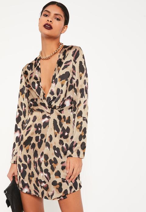 Nude Animal Print Silky Plunge Wrap Shift Dress