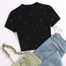 Camiseta Corta Con Perlas Con Ribete De Lechuga