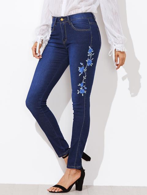 Floral Embroidered Applique Skinny Jeans