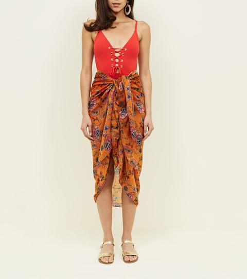 Orange Floral Longline Scarf New Look