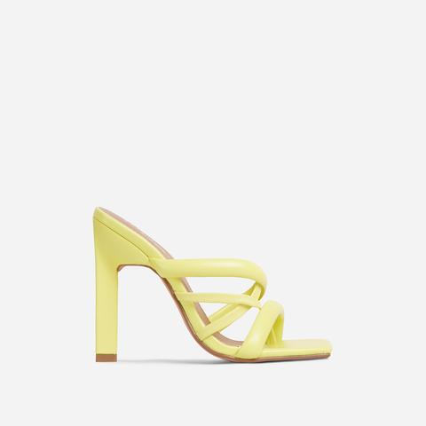 New-turn Strappy Square Toe Sculptured Heel Mule In Yellow Faux Leather, Yellow