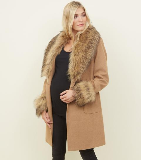 Camel detachable faux fur hotsell trim coat