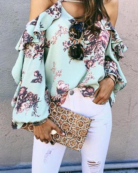 Floral Ruffles Cold Shoulder Bishop Sleeve Blouse