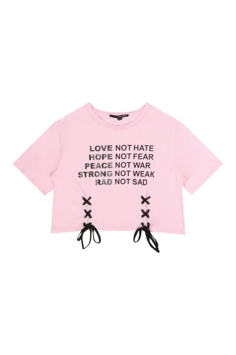 T-shirt Corta Rosa Con Slogan E Laccetti