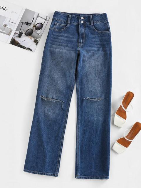 Zaful Jeans Rasgados De Cintura Alta Deep Blue