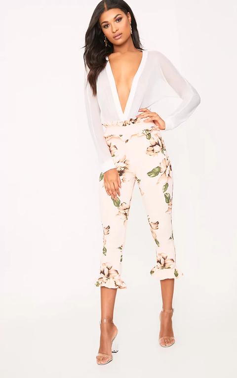 Blush Floral Frill Trim Trousers, Pink