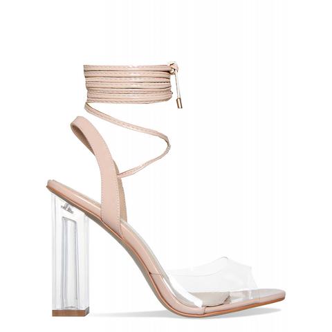 Stefney Nude Patent Lace Up Clear Heels