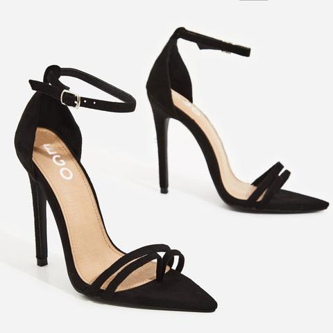 Fern Barely There Strappy Toe Post Heel In Black Faux Suede, Black