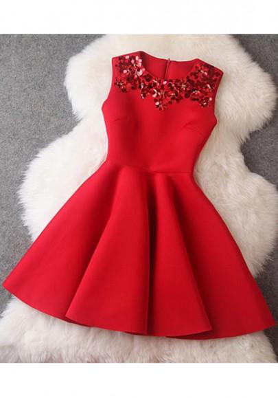 Mini Vestido Liso Lentejuelas Cubiertas Cuello Redondo Moda Rojo