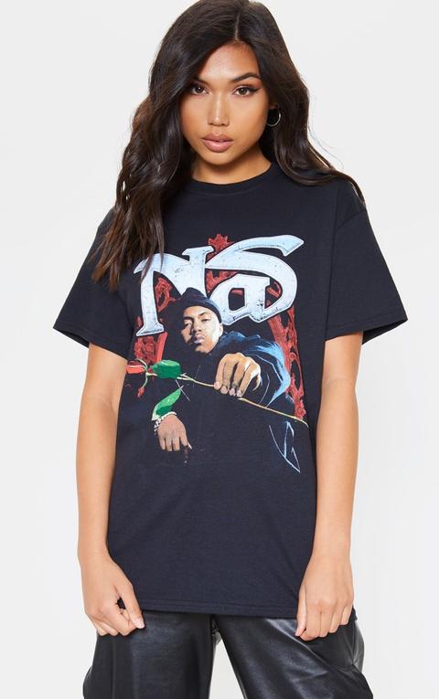 Black Nas Rose Print Oversized T Shirt, Black