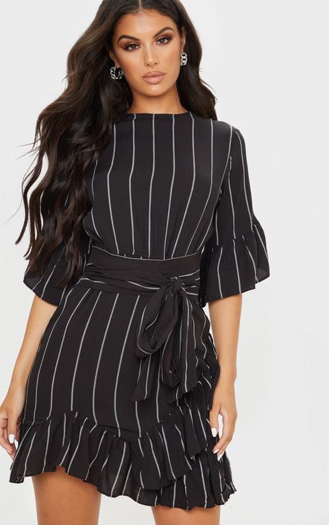 Black stripe frill detail mini dress Clearance