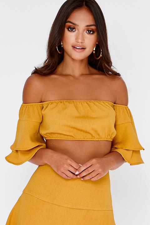 Mustard Tops - Sarah Ashcroft Mustard Bardot Frill Sleeve Crop Top