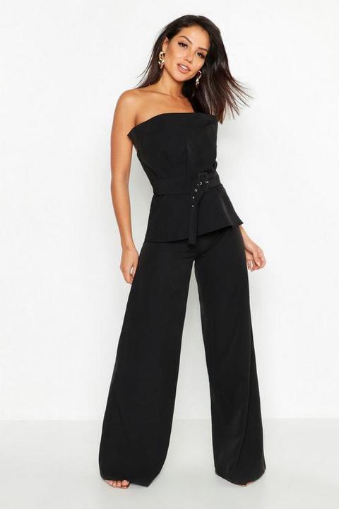 Womens Woven Belted Top + Wide Leg Trouser Co-ord - Black - 8, Black