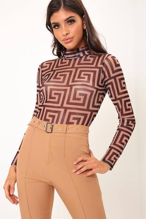 Brown Printed High Neck Mesh Long Sleeve Bodysuit