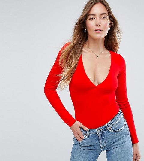 Asos Tall - Body A Maniche Lunghe Con Scollo Profondo E Perizoma - Rosso