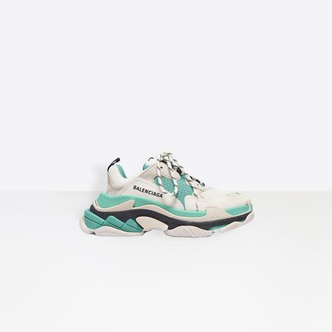 Triple S In White, Green And Grey Calfskin, Lambskin And Mesh