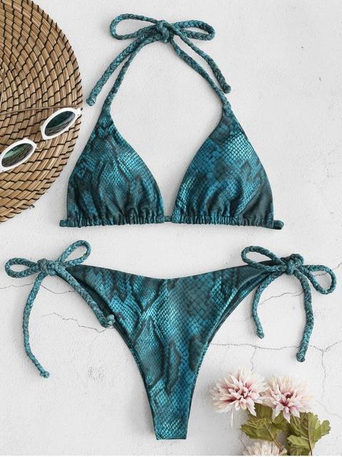 Zaful Bikini De Hilo Trenzado Con Estampado De Serpiente Bright Yellow White Light Khaki Multi Red Wine