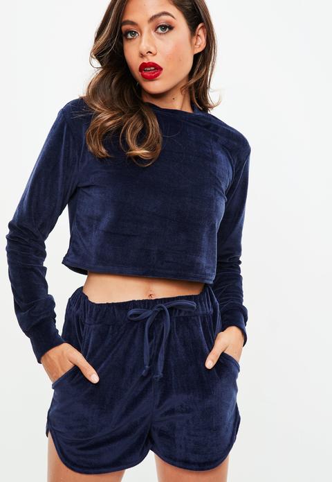 Navy Brushed Velvet Short Lounge Set