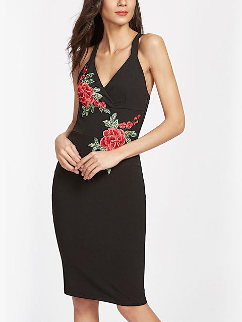 Rose Applique Nero Ricamato Surplice Anteriore Incrociato Indietro Dress
