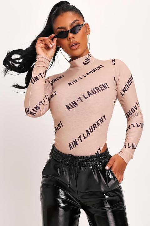 Camel Aint Laurent High Neck Bodysuit , Beige