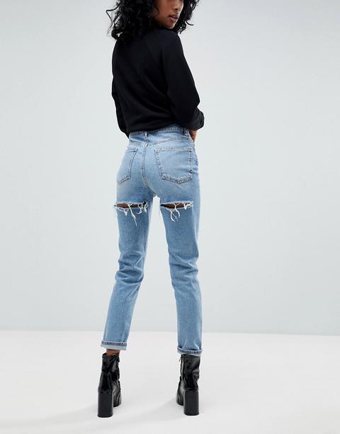 Asos Design - Farleigh - Mom Jeans Slim A Vita Alta Lavaggio Stone Wash Ariel Chiaro Con Strappi Sul Sedere - Blu