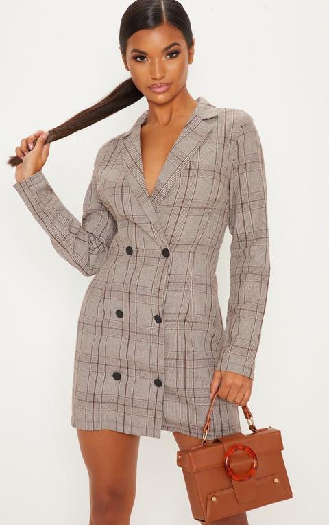 Grey Check Button Detail Blazer Dress