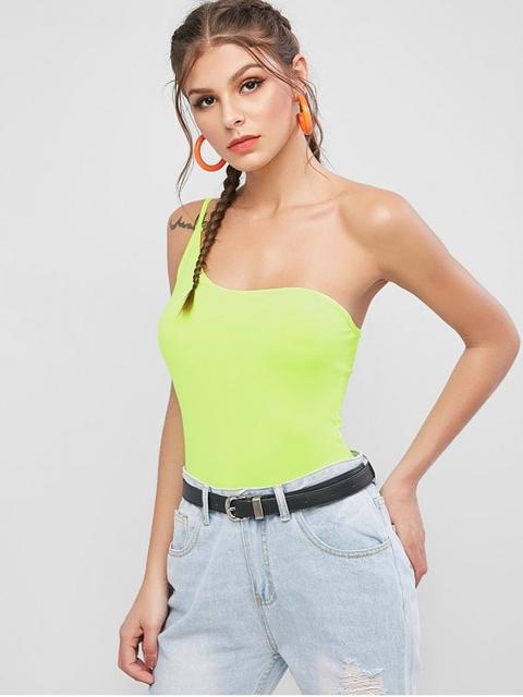 Snap Button One Shoulder Neon Bodysuit Green