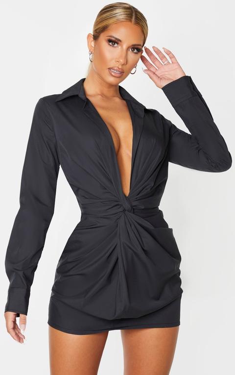 Black Plunge Knot Detail Shirt Dress