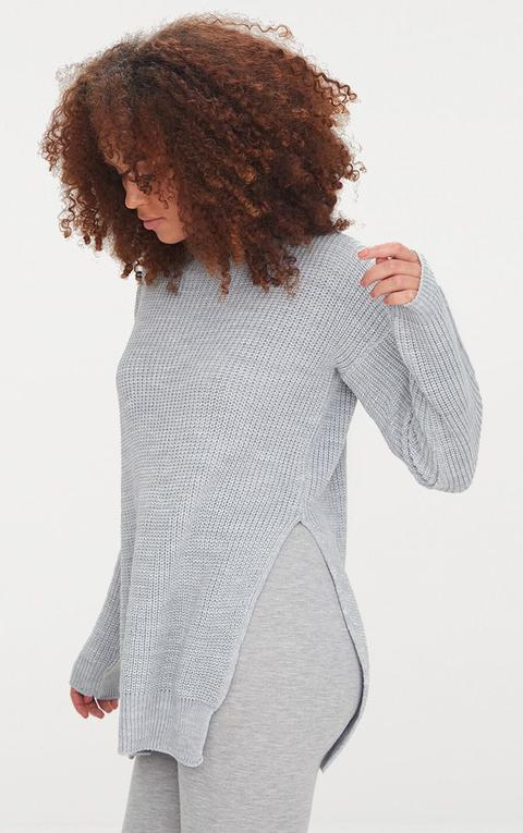 Grey Round Neck Side Split Jumper, Grey