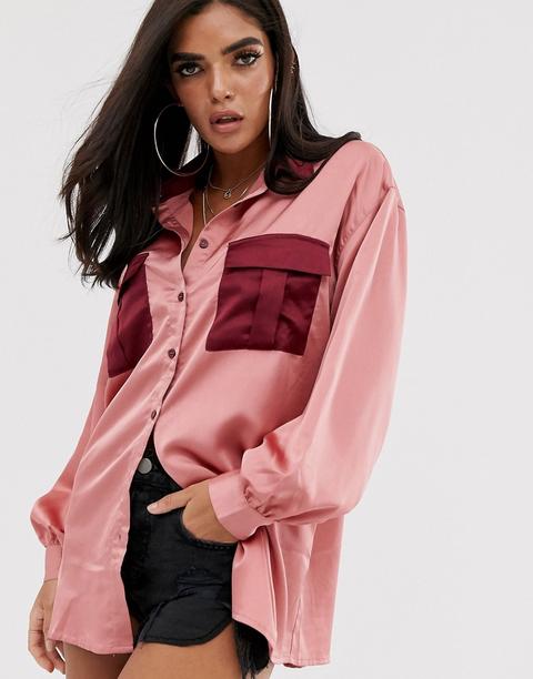 Missguided - Camicia Oversize In Raso Rosa Con Tasche A Contrasto - Rosa