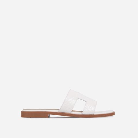 Addison Caged Flat Slider Sandal In White Croc Print Patent, White