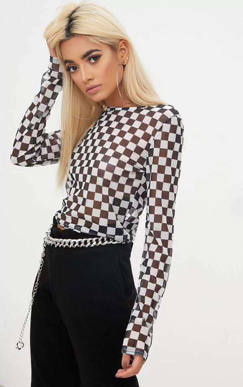 Monochrome Motocross Check Mesh Longsleeve Crop Top, Black