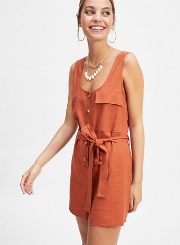 Womens Petite Rust Linen Romper, Rust