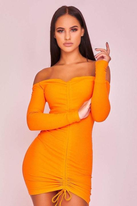 Orange Ruched Off The Shoulder Dress