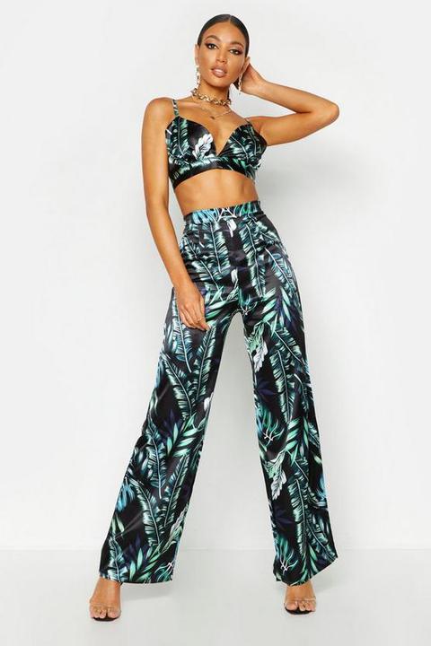 Satin Palm Print Wide Leg Trouser