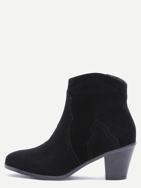 Black Nubuck Leather Almond Toe Chunky Heel Booties