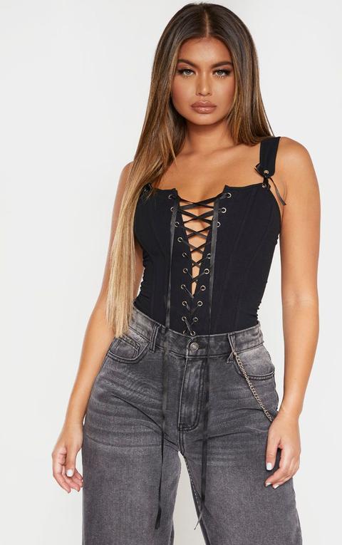 Black Woven Structured Lace Up Corset Crop Top