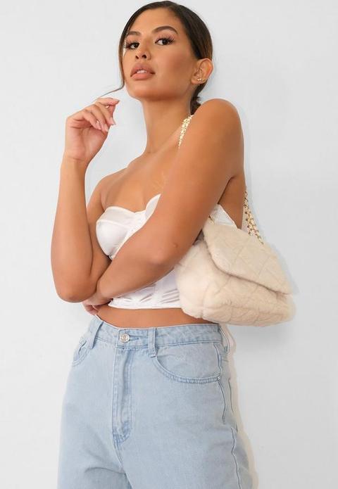 Cream Faux Fur Quilted Shoulder Bag, Cream