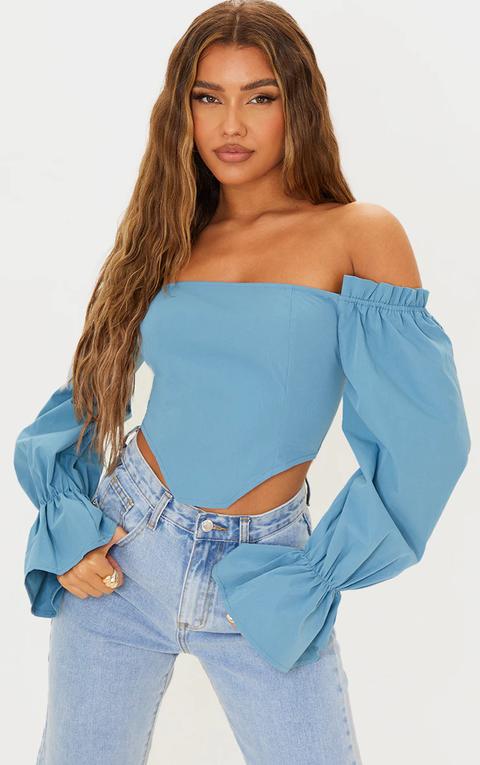 Light Blue Cotton Poplin Bardot Frill Sleeve Crop Top