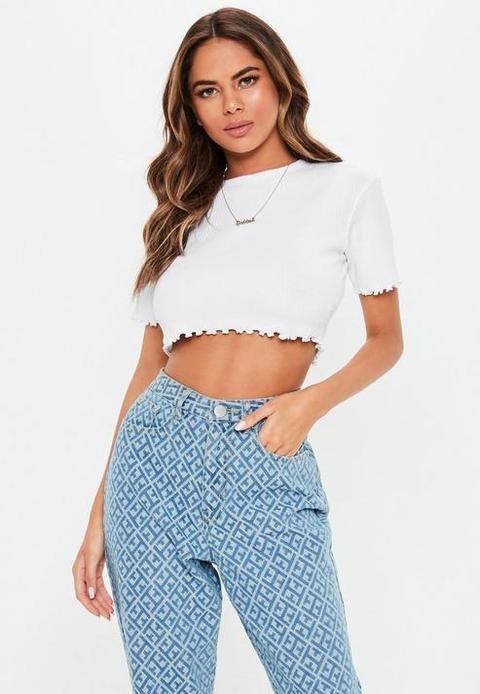 Petite White Lettuce Hem Ribbed Crop Top, White