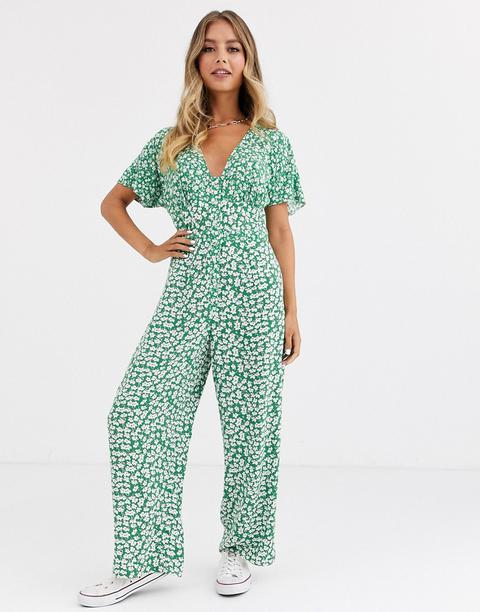 Asos Design Button Front Jumpsuit In Mixed Green Floral Print-multi