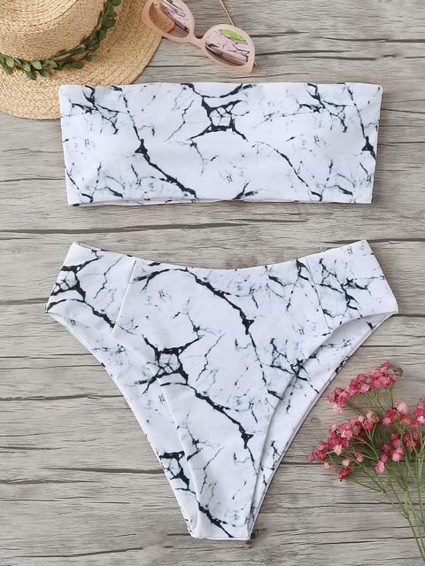 Set De Bikini Bandeau Con Estampado De Mármol De Talla Grande