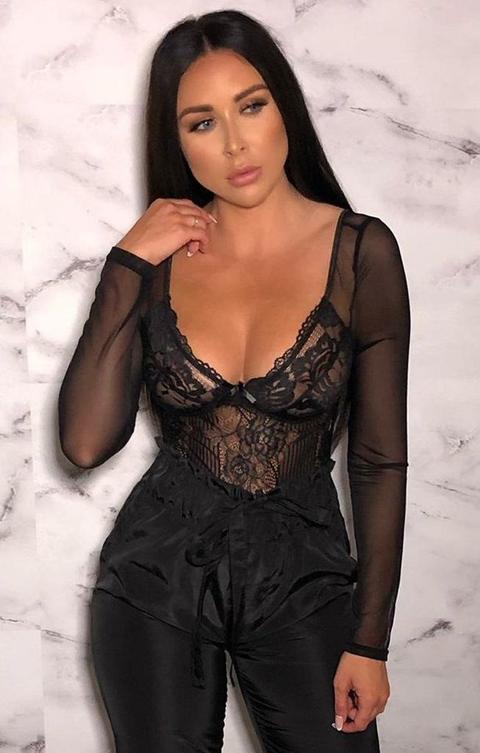 Black Lace Long Sleeve Plunge Bodysuit - Molly